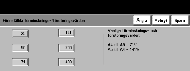 9 Inställningar Maskinens förinställningar Förinställda förminsknings-/förstoringsvärden Med den här funktionen kan administratören ange de sex grundinställda förminsknings-/förstoringsvärdena.