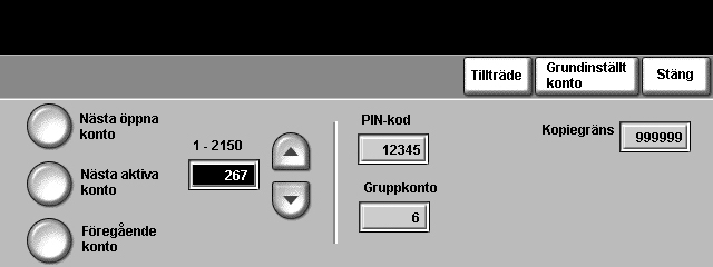 9 Inställningar Det går inte att inaktivera gruppkonton och allmänna konton. Gå till Hjälpmedel > Tillträde och redovisning > Inställning av intern auditron > Användarkonton och behörigheter 1.