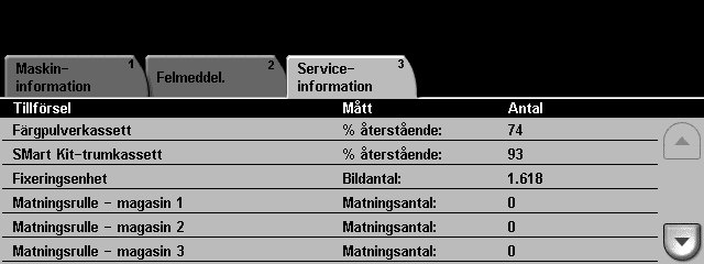 2 Komma igång Serviceinformation Fliken Serviceinformation visar aktuell status för förbrukningsartiklar som kunden byter själv eller som en ingenjör byter.