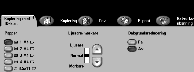 3 Kopiering Kopiering med ID-kort Använd den här funktionen när du vill kopiera båda sidorna av ett ID-dokument, t.ex. ett körkort, på ett pappersark. 1.