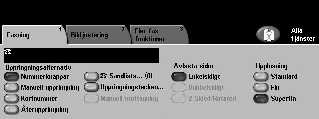 4 Fax Faxning Fliken Faxning är den grundinställda skärmen för Inbyggd fax. Använd alternativen på skärmen när du ska ange mottagarens faxnummer och för att välja faxets standardinställningar.