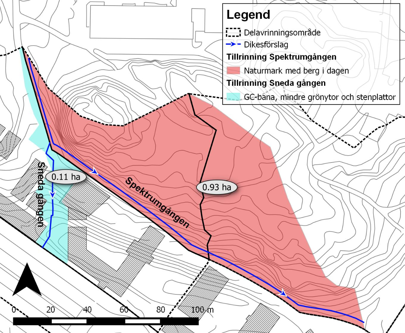 5. Dikesdimensioner Enligt planen kommer diket vid Spektrumgången leda avrinning från de norra områdena till en planerad dagvattendamm öst i planområdet.