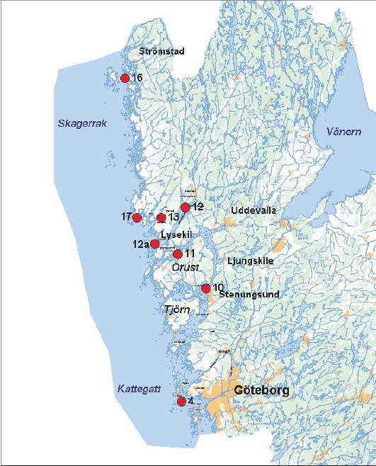 - 4 (9 - Figur 3. Karta utvisande biologiska provtagningsstationer som utnyttjats i föreliggande studie. Stationerna ingår i Bohuskustens vattenvårdsförbunds kustvattenkontroll (Från Cato 26).