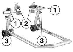 8 100 Underhåll z Montering av framhjulsstöd Ställ motorcykeln på ett hjälpstöd; BMW Motorrad rekommenderar BMW Motorrad-bakhjulsstödet.