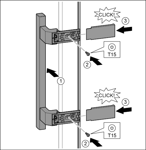 Idrifttagande u Bänd försiktigt upp pluggarna med en spårskruvmejsel och dra ut dem. Fig. 33 (1) u Sätt på dörren uppifrån på nedre lagertappen. Fig. 33 (2) u Sätt i den mittre lagertappen genom den mittre lagerbocken i den nedre dörren.