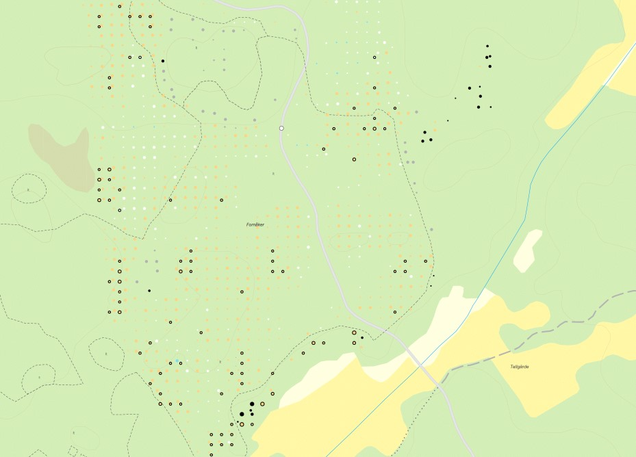 Inventering Sammanlagt 75 provytor inventerades, enligt följande metod: För att hitta provytorna, navigerades med georefererade kartor och en Ipad med inbyggd GPS till provytan (låg precision).