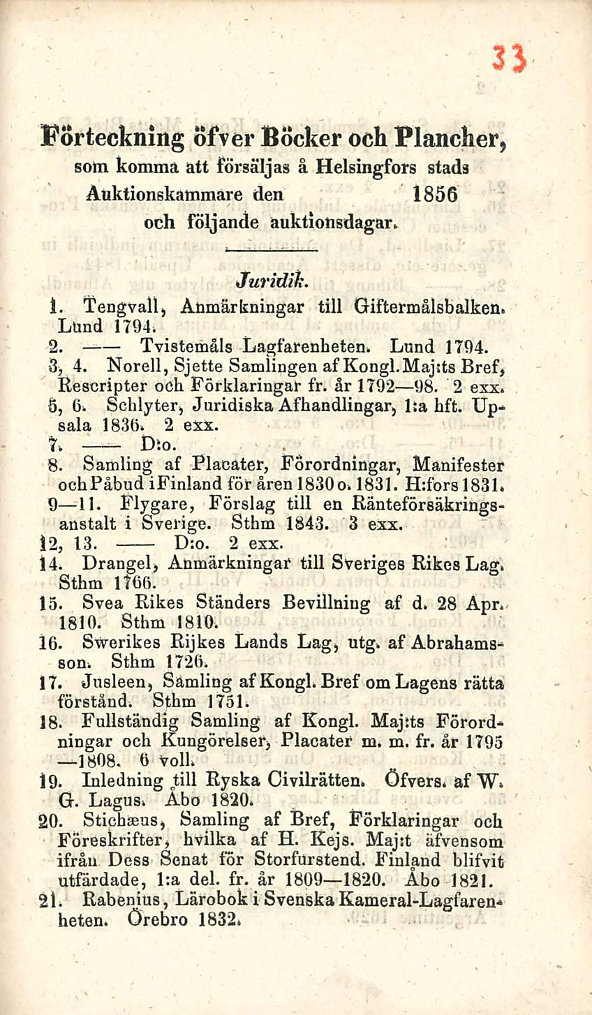 Forteckning öfver Böcker och Plancher, som komma att försäljas å Helsingfors stads Auktionskammare den 1856 och följande auktiohsdagar. Juridik. 1. Tengvall, Aumärkningar tili Giftermålsbalken.