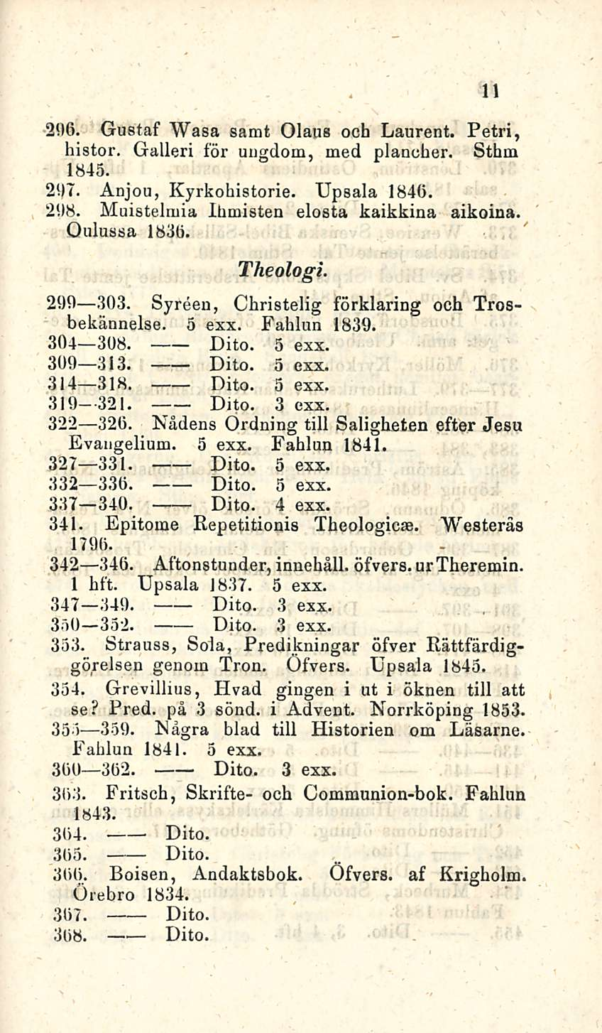 296. Gustaf Wasa sanat Olaus ooh Laurent. Petri, histor. Galleri för uugdom, med plancher. Sthm 1845. 2(17. Anjou, Kyrkohistorie. Upsala 1846. 298. Muistelmia Ihmisten elosta kaikkina aikoina.