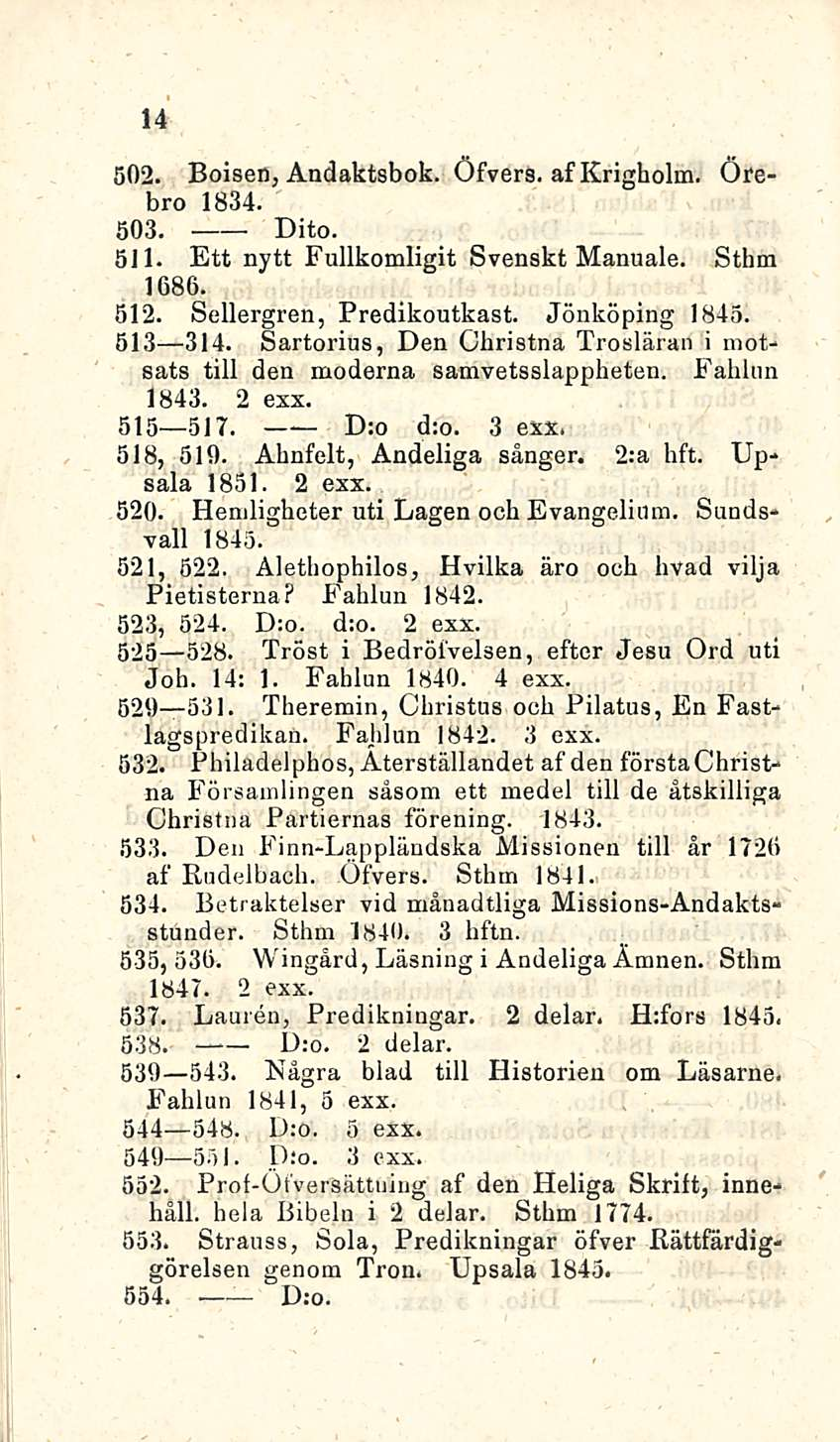D:o 14 502. Boisen, Andaktsbok. Öfvers. afkrighohn. Öre bro 1834. 503. Dito. 511. Ett nytt Fullkomligit Svenskt Manuale. Sthm 1686. 512. Sellergren, Predikoutkast. Jönköping 1843. 513 314.