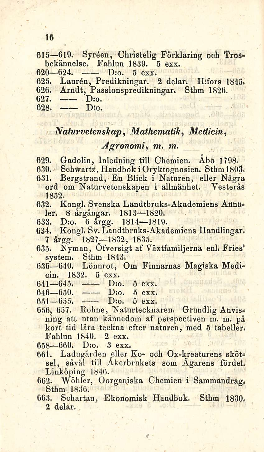 Dm. Dm. Dm. 16 615 619. Syreen, Christelig Pörklaring och TroB* bekännelse. Fahlun 1839. 5 exx. 620 624. Dm. 5 exx. 625. Lauren, Predikningar. 2 delar. H:fors 1845» 626. Årndt, Passionspredikningar.