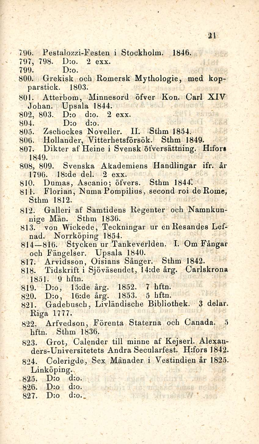 7l)lj. Pestalozzi-Festen i Stockholm. 1846. 797, 798. D;o. 2 exx. 799. D:o. 800. Grekisk ocb Romersk Mythologie, med kopparstick. 1803. 801. Atterbom, Minnesord öfver Kon. Carl XIV Johan. Upsala 1844.