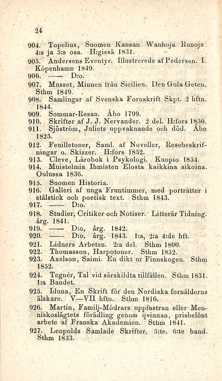 24 904. Topelius, Suomen Kansan Wanhoja Runoja 4:s ja s:s osa. H:gissä 1831. 905. Andersens Eventyr. Illustrerede af Pedersen. I Köpenhamn 1849. 900. D:o. 907. Musset, Minnen från Sicilien.
