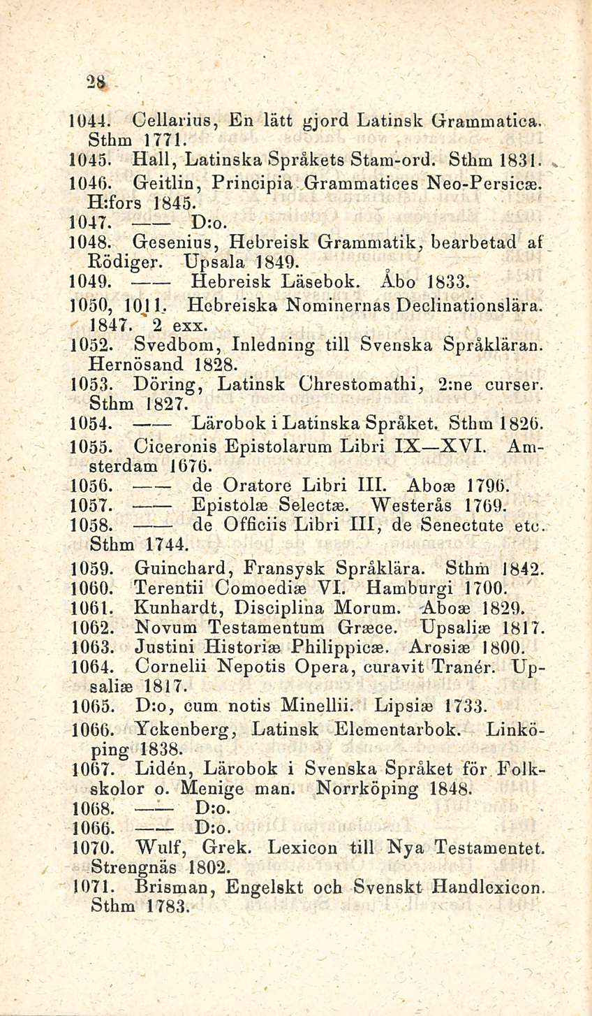 28 1044. Cellarius, En lätt gjord Latinsk Grammatica. Sthm 1771. 1045. Hall, Latinska Språkets Stam-ord. Sthm 1831. 1040. Geitlin, Principia Grammatices Neo-Persicse. H;fors 1845. 1047. D:o. 1048.