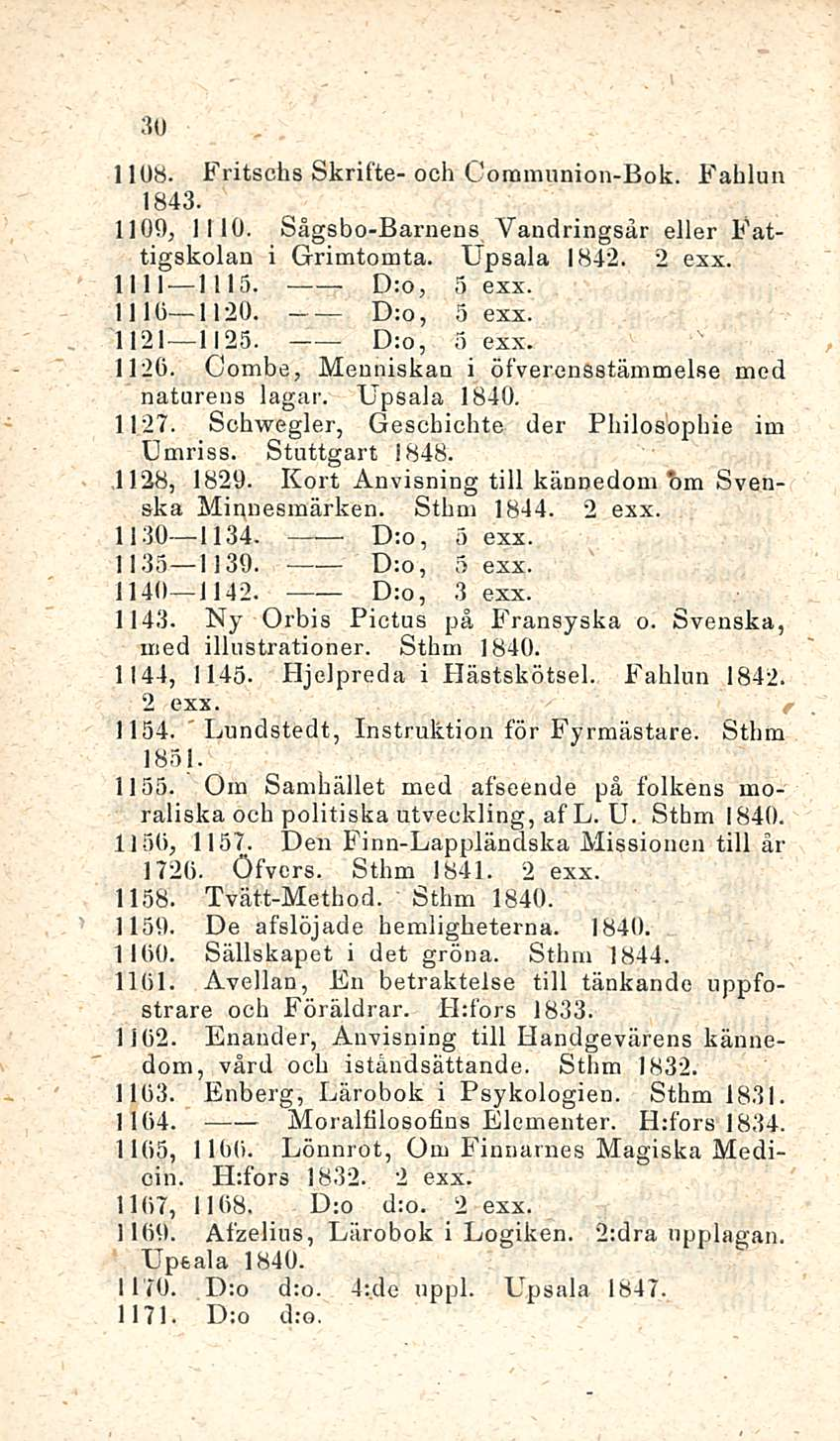 ' 30 1108. Fritschs Skrifte-och Coramnnion-Bok. Fahlun 1843. 1100, HIO. Sågsbo-Barnens Vandringsär eller Fattigskolan i Grimtomta. Upsala 1842. 2 exx. 1111-1115. D:o, 5 exx. 1110 1120. D:o, 5 exx. 1121 1125.