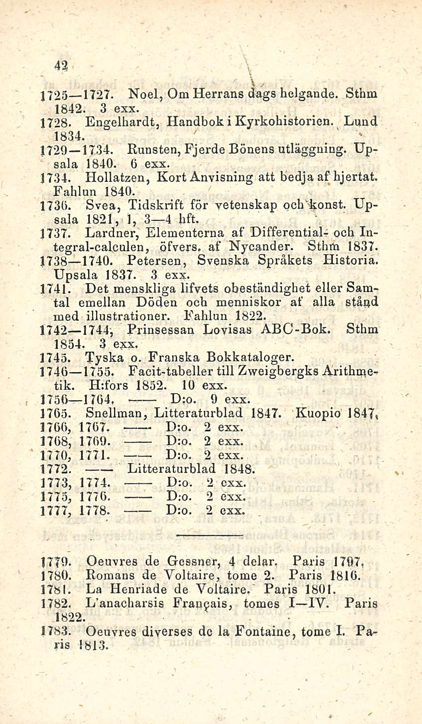 42 f. \. j 725 1727. Noel, Om Herrans dags helgande. Sthm 1842. 3 exx. 1728. Engelhard!, Handbok ikyrkohistorien. Lund 1834. 1729 1734. Runsten, Fjerde Bönens utläggning. Upsala 1840. 6 exx. 1734. Hollatzen, Kort Anvisning att bedja af hjertat.