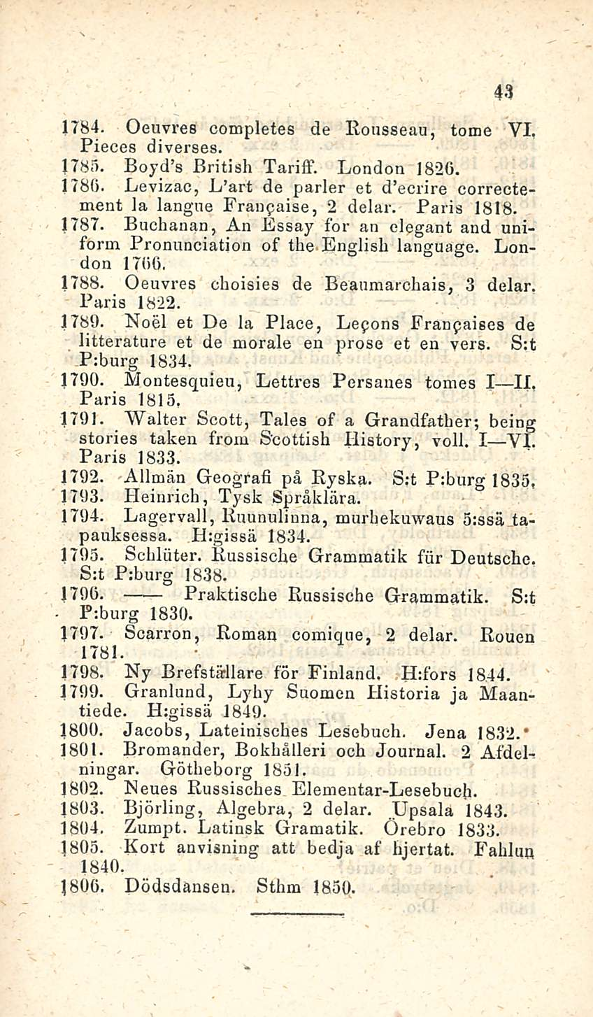 43 1784. Oenvres completes de Rousseau, tome VL Pieces diverses. 1783. Boyd s British Tariff. London 1826. 1780. Levizac, L art de parler et d ecrire correctement la langue Franpaise, 2 delar.