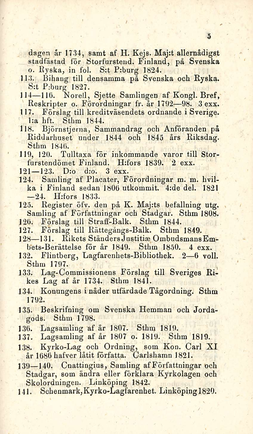 dagen är 1734, samt af H. Kejs. Maj:t allernådigst stadfästad för Storfurstend. Finland, på Svenska o. Ryska, in fol. S:t P:burg 1824. 113. Bihang tili densamma på Svenska och Ryska. S:t F;burg 1827.