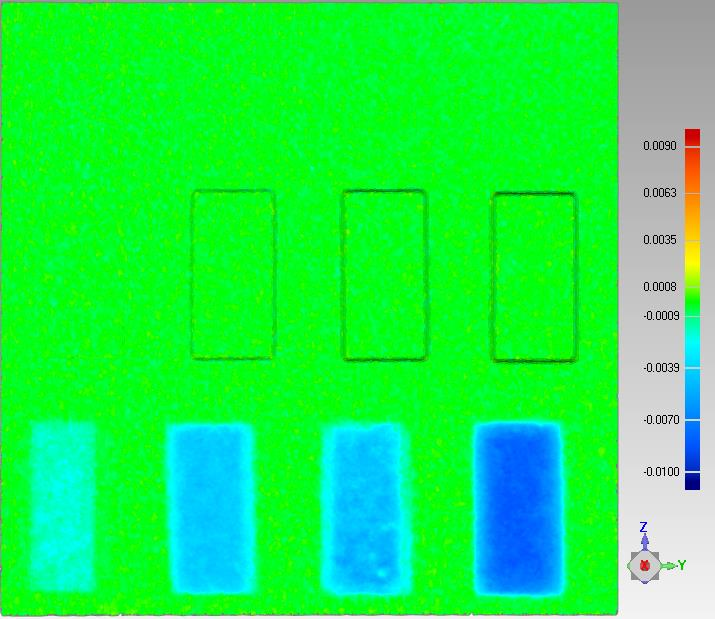 3.2 Resultat från Moment 2 Figur 9 visar skillnader mellan moment 2:s referensyta och dess testdata i upplösning 1 1 mm.