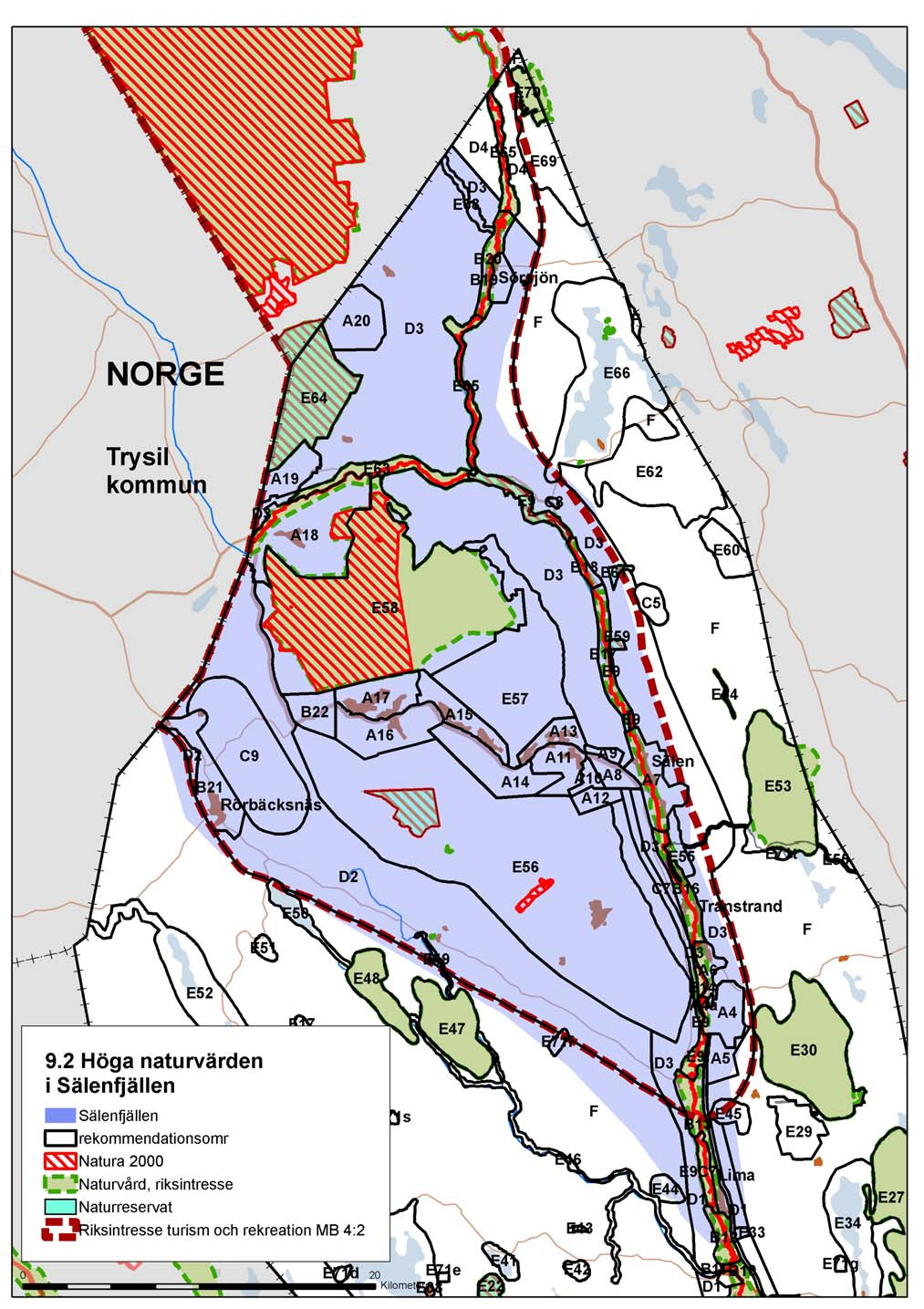 Kartan redovisar områden med höga naturvärden inom