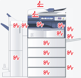 FELSÖKNING FÖR HÅRDVARAN Hur du åtgärdar ett pappersstopp Hur du hittar ett pappersmatningsfel Maskinen avbryter kopieringen när originalet eller pappret har fastnat.