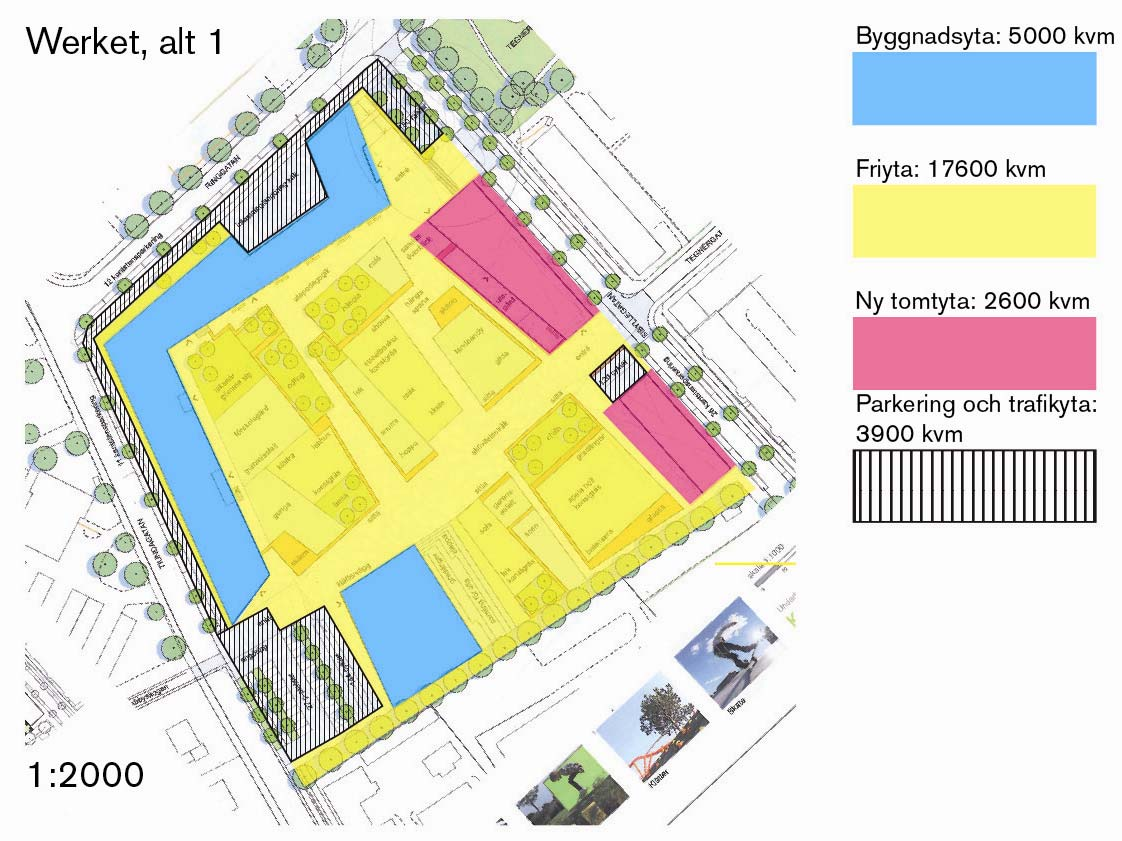 FÖRSLAG WERKET 8(10) PROGRAMKRAV Programkraven är uppfyllda och redovisade SAMMANSTÄLLNING AV YTOR För båda alternativen nedan gäller Parkering för bil på kvartersmark Parkering för bil på gata