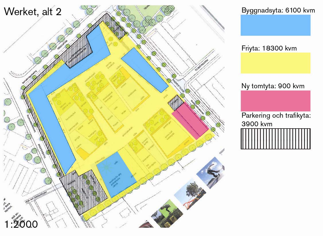 9(10) ALT 2 Tomt för skolverksamhet: 18269 kvm Tomt för annan verksamhet: 925 kvm Mark för gata parkering 3935 kvm Byggnadsyta skola: 6056 kvm BYA Bruttoarea skola: 11513 kvm BTA Fasadyta skola 6535