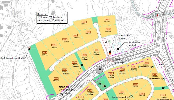 Bild 4.2.1: Bilden visar kvarter 3 och utgör ett utdrag ur situationsplan L-10.1-00 upprättad av Sweco 2015-06-30.