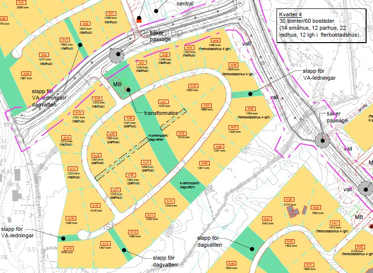 Bild 4.3.1: Bilden visar kvarter 4 och utgör ett utdrag ur situationsplan L-10.1-00 upprättad av Sweco 2015-06-30.