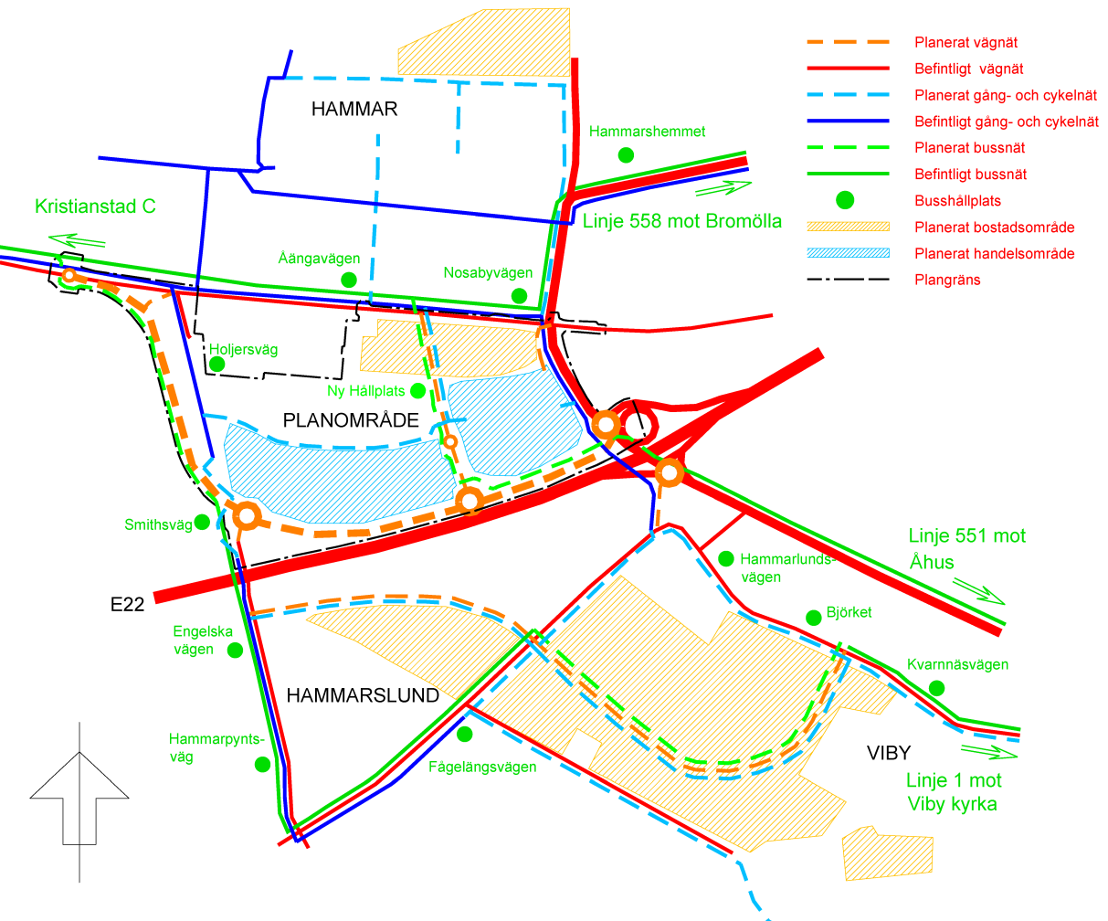 3 Planförslag 3.1 Beskrivning 3.1.1 Vägnät Figur 6 visar en översikt över befintliga trafiknät samt de förändringar som planeras ske i planområdet och närliggande områden.