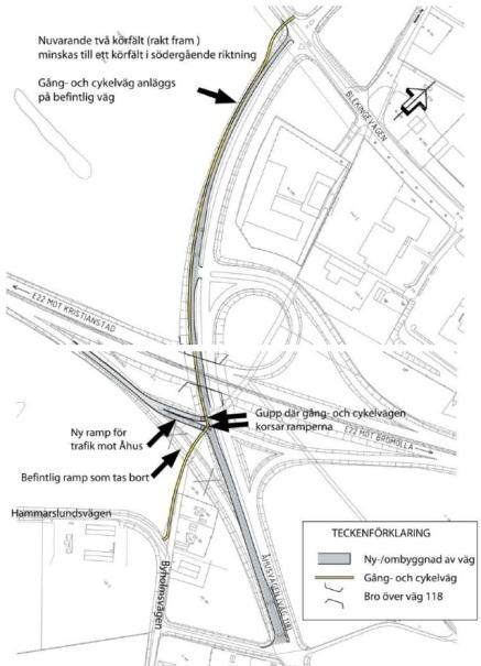 Ombyggnationen innebar att delar av det ena södergående körfältet på väg 118/Åhusvägen togs i anspråk för gång- och cykeltrafiken samt att avfartsrampen västerifrån fick ny utformning.