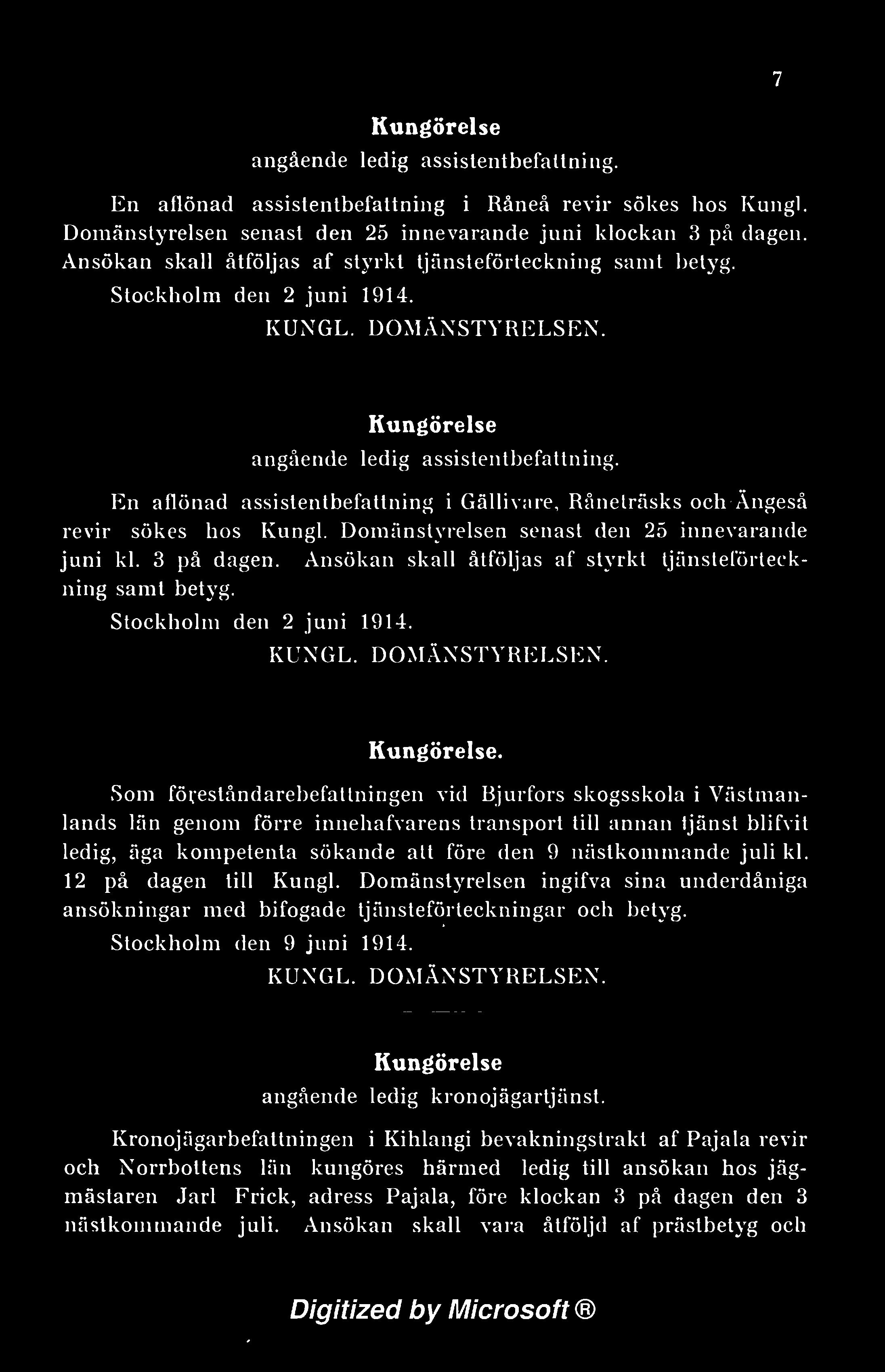 Som föreståndarebefattnngen vd Bjurfors skogsskola Västmanlands län genom förre nnehafvarens transport tll annan tjänst blfvt ledg, äga kompetenta sökande att före den 9 nästkommande jul kl.