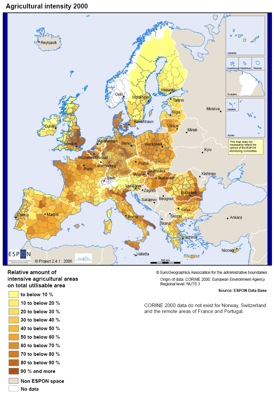 Figur 6-2 Jordbrukets intensitet i EU. Källa: ESPON project 2.4.1 Territorial Trends and Policy Impacts in the Field of EU Environmental Policy, 2006, sida 107.