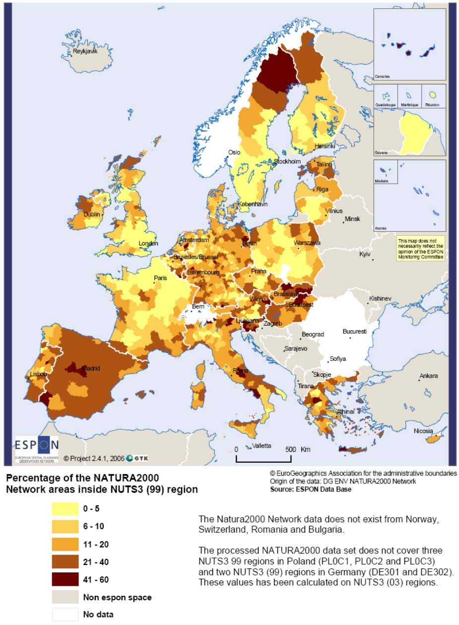 Kartan ovan delar in Europas landanvändning i sex olika kluster baserat på olika andelar artificiella ytor, jordbruksmark och