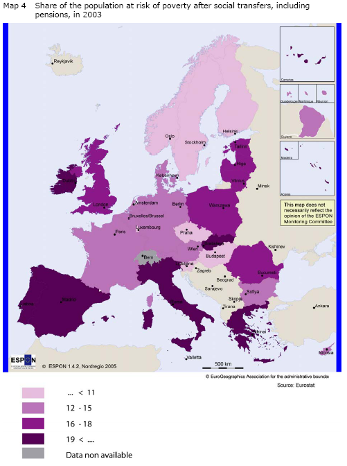 Figur 7-4 Andel av befolkningen som riskerar att hamna i fattigdom, efter sociala transfereringar. Källa: ESPON projekt 1.4.2 Preparatory Study on Social Aspects of EU Territorial Development.