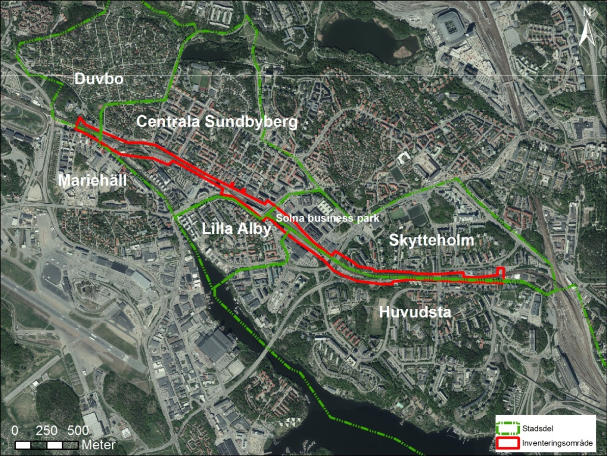 Figur 1 Inventeringsområdets utbredning och dess förhållande till befintliga stadsdelar 1.