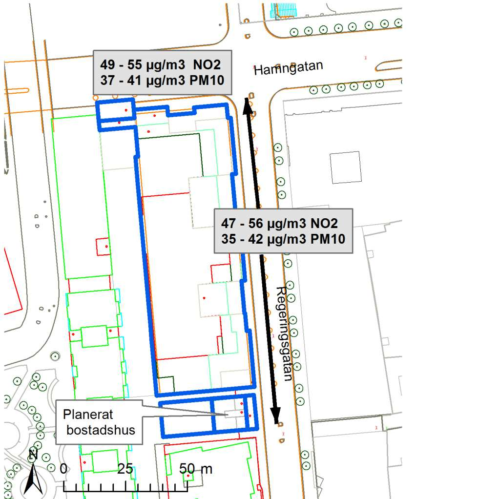 Figur 4 Fastigheten Trollhättan 30, luftföroreningshalter dygnsmedelvärde av PM10 och NO2, 2 m ovan gatunivå år 2020. Normen som ska klaras är 60 µg/m 3 NO 2 och 50 µg/m 3 PM10.