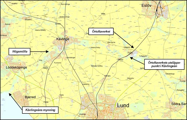 Figur 1. Översiktskarta visande sträckning för Kävlingeåns nedre del, Högsmölla, Örtoftaverkets placering och utsläppspunkt i ån. Lantmäteriverket. Ärende nr MS2011/02599.