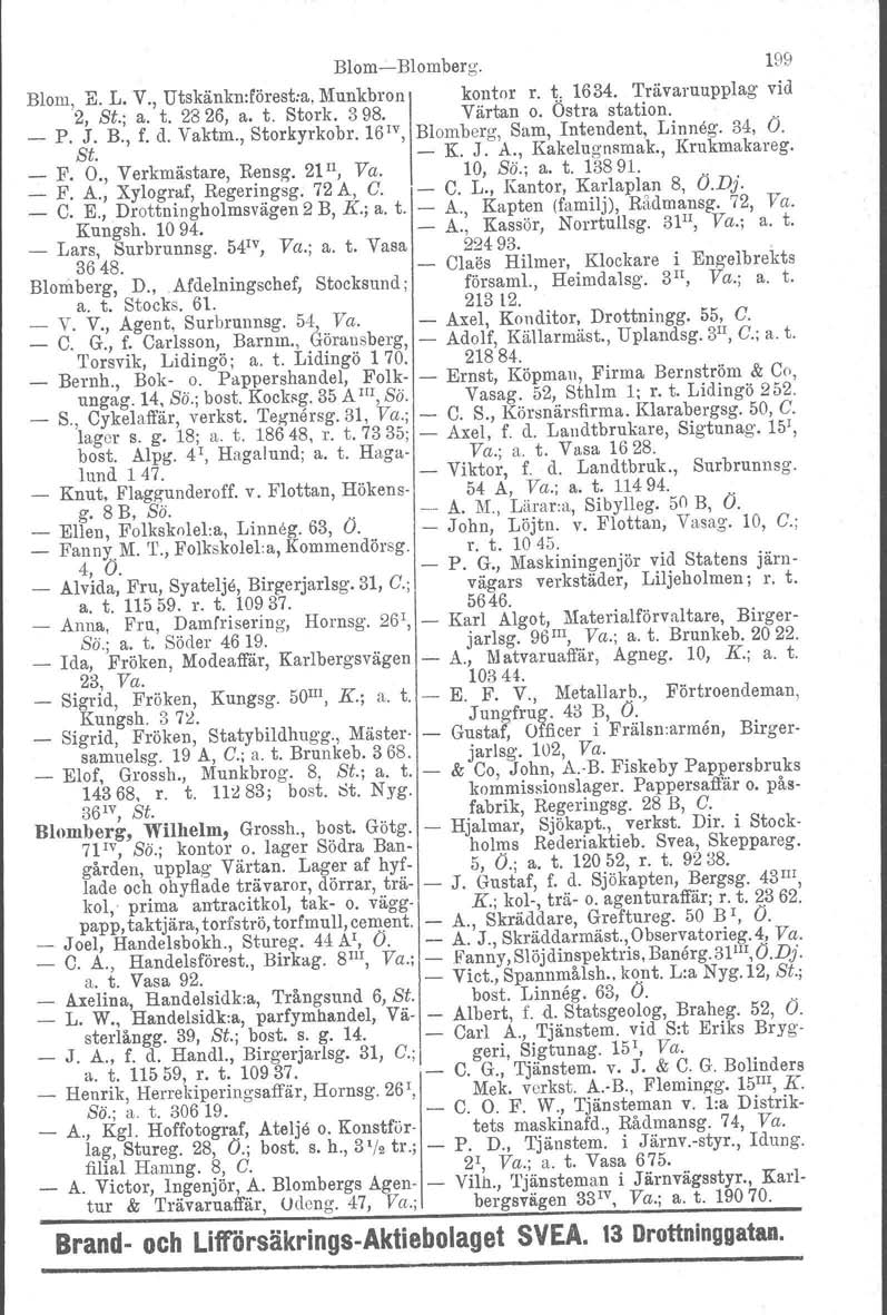 BlomBlomberg. 199 Blom, E. L. V., Utskänkn:förest:a, Munkbron kontor r. t 1634. Trävaruupplag vid 2, St.; a. t. 2826, a. t. Stork. 398. Värtan o. Ost ra station. _ P. J. B., f. d. Vaktm., Storkyrkobr.