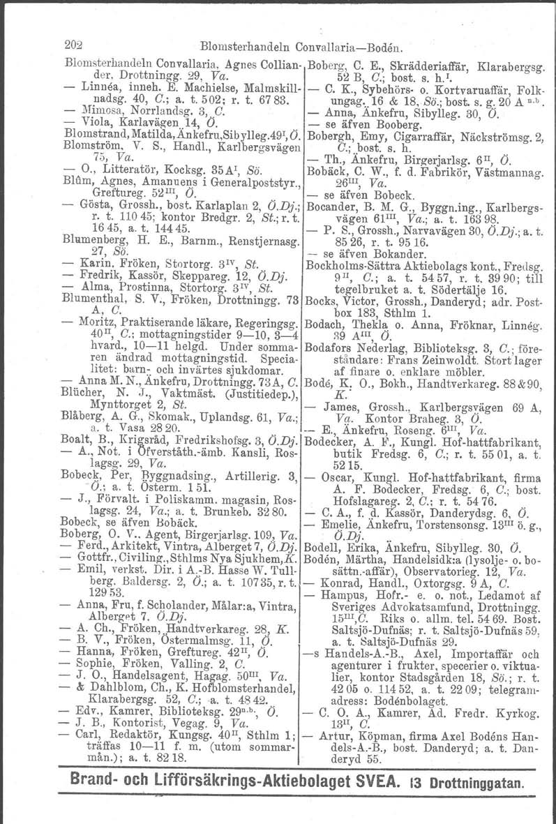 202 Blomsterhandeln ConvallariacBodån, Blomsterhandeln Convallaria. Agnes Collian Boberg, C. E., Skrädderiaffär, Klarabergsg. der, Drottningg. 29, Ya. 52 B, C.; bost. s. hj. Linnea, inneh. E. Machielse, Malmskill C.