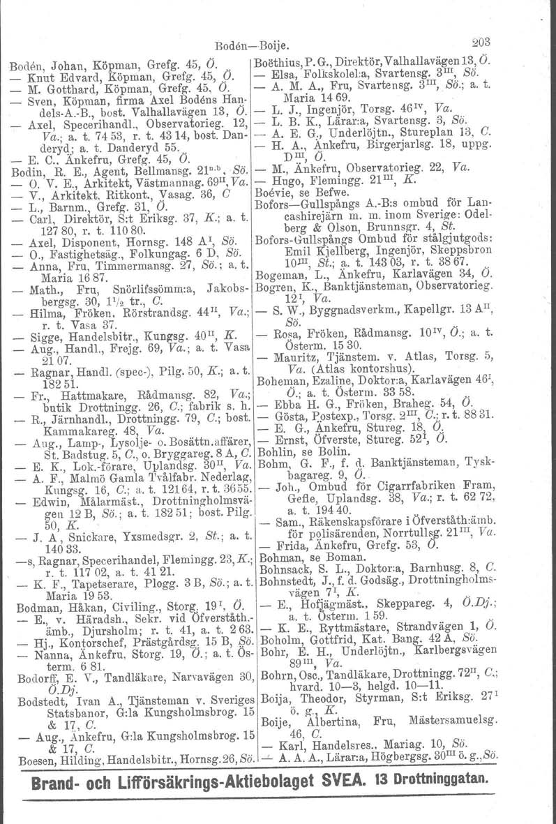 BodenBoije. 203 Boden, Johan, Köpman, Grefg. 45, Ö" Boethius,P.G.,Direktör,Valhallavägen13,Ö. _ Knut Edvard, Köpman, Grefg. 45, 9. Elsa, Folkskolel:a, Svartensg. 3III, Sö. _ M.