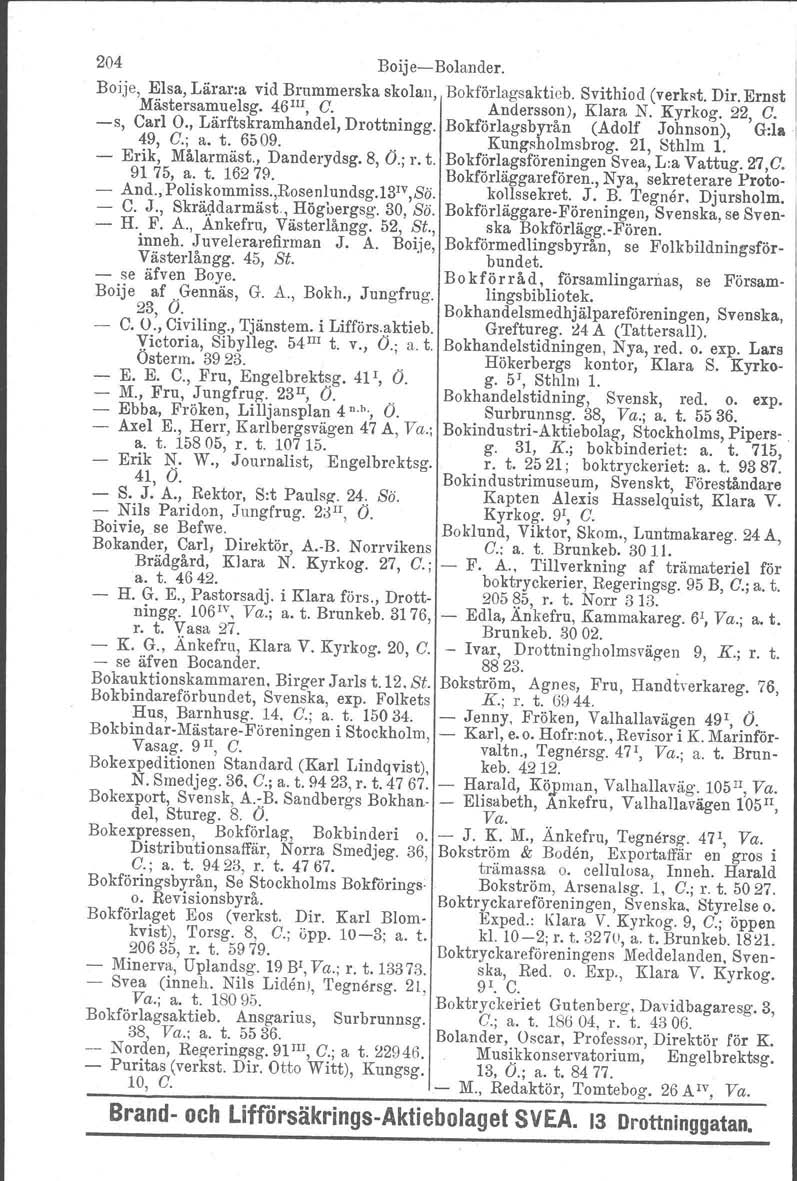 204 BoijeBolander. Boije, Elsa, Lärar:a vid Brummerska skolan, Bokförlagsaktieb. Svithiod (verkat, Dir. Ernst Mästersamuelsg. 46 III, C. Andersson), Klara N. Kyrkog. 22, C. s, Carl O.