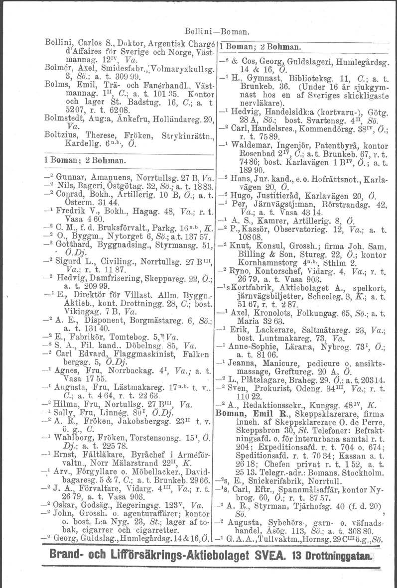 BolliniBoman. Bollini, Carlos S., Doktor, Argentisk Charge 1 Boman' ~ Bohman. d'affaires för Sverige och Norge, Väst.. ' mannag. 12 1v, Vn. _2 & Cos, Georg), Guldslageri, Humlegårdsg. Bolmer.