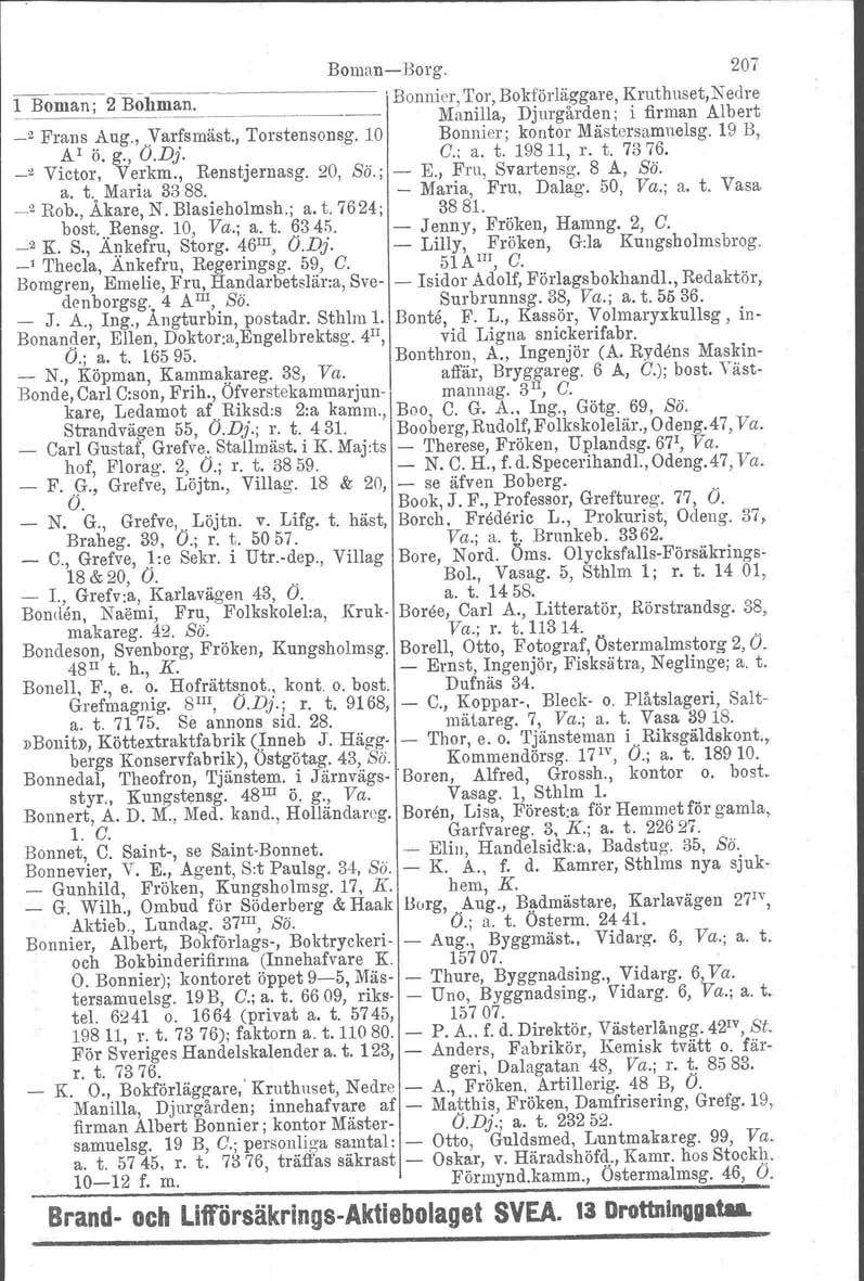 BomanBorg. 207 IBoman; 2Bol1ma~ ~ 'Bonnier, Tor, Bokförläggare, Manilla, Djurgården; Kruthuset,Nedre i firman Albert _2 Frans Aug., Varfsmäst., Torstensonsg. 10 Bonnier; kontor Mästorsamuelsg.