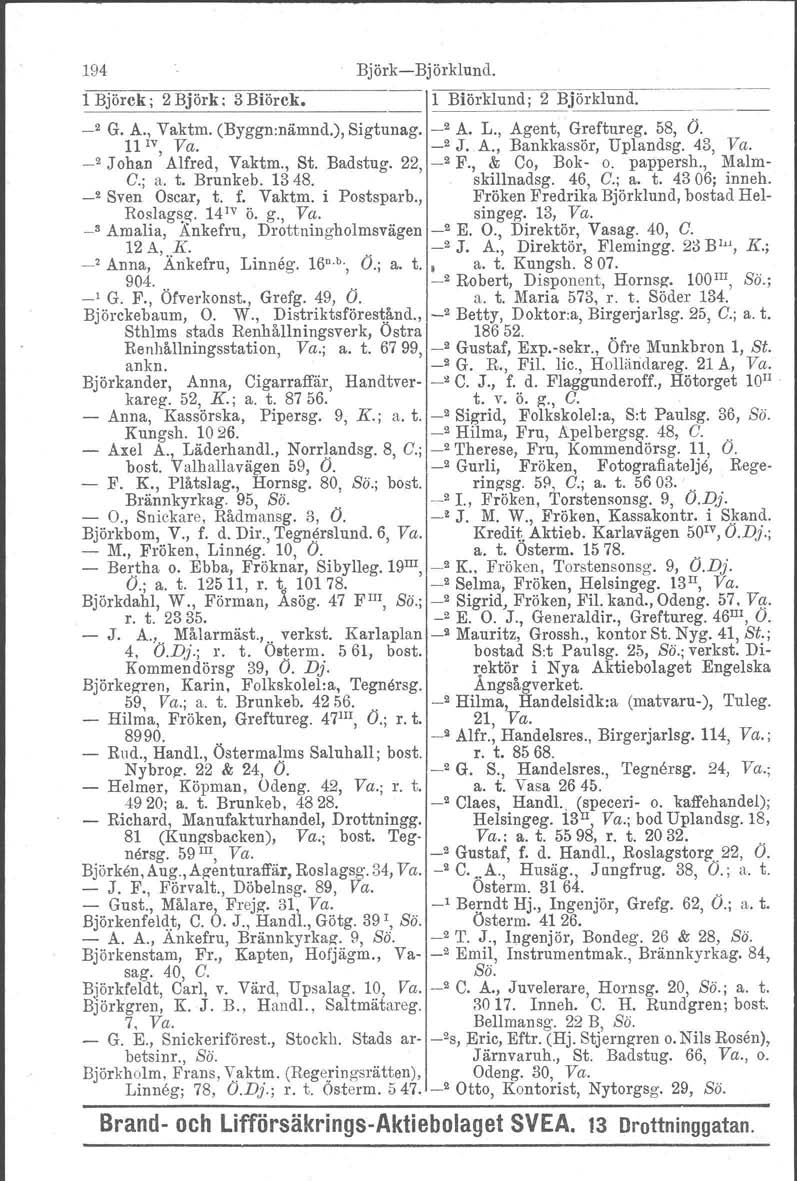 194 BjörkBjörklund. 1 Björck; 2 Björk; 3Biörck. 1 Biörklund; 2 B.i_ö_rk_l_u_nd_. 2 G. A., Vaktm. (Byggn.nämnd.), Sigtunag. _2 A. L., Agent, Greftureg. 58, O. 11 IV, Va. _2 J. A., Bankkassör, Uplandsg.