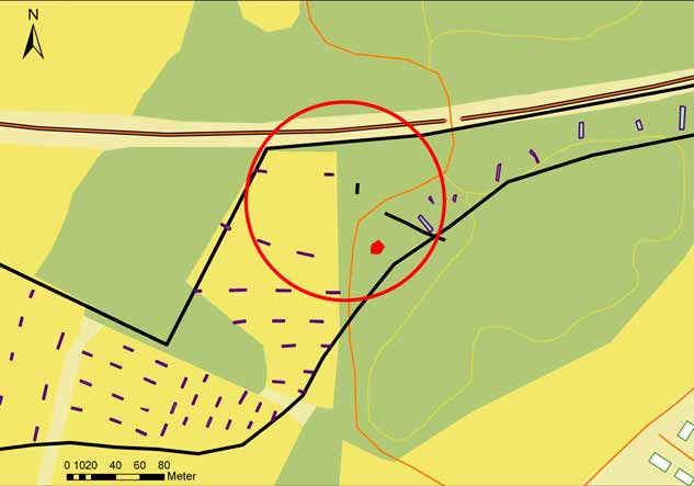 Fig. 9. Åtgärdsförslag. Den röda cirkeln markerar det område som bör gå vidare till förundersökning om vägprojektet fortsätter med nuvarande sträckning. Grundkarta Lantmäteriet.
