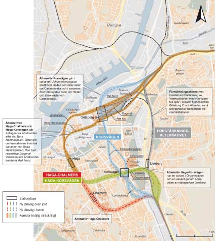 TRAFIKERING OCH RESANALYS JÄRNVÄGSUTREDNING VÄSTLÄNKEN 4 Utredningsalternativen I järnvägsutredningen har fyra alternativ studerats : - Förstärkningsalternativet - - Haga- - Haga-Chalmers De olika