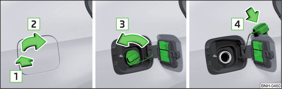 Tankning Bild 116 Fäll upp tankluckan/skruva ur tanklocket/sätt fast tanklocket på tankluckan Läs och beakta först på sidan 130. Tankning kan ske om följande villkor är uppfyllda: Fordonet är upplåst.