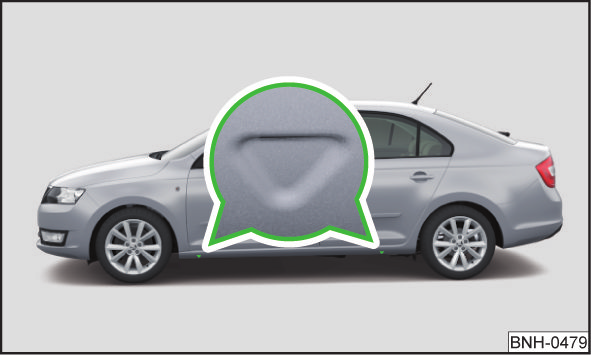 Lyfta fordonet Bild 134 Fästpunkt för domkraften Anvisningar för att lyfta upp fordonet Lyft fordonet på ett fast och plant underlag.