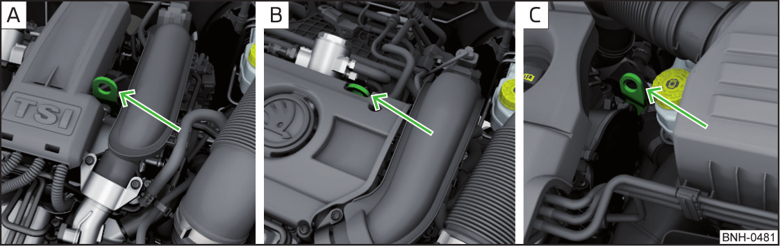 1,2 l/63 kw TSI- och 1,2 l/77 kw TSI-motorer» bild 139-1,4 l/90 kw-motor» bild 139-1,6 l/77 kw TDI CR-motor» bild 139 - Båda bilbatterierna ska ha 12 V märkspänning.