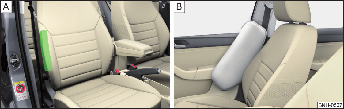 Sidoairbagar Bild 10 Placering av sidoairbagen i förarstolen/gasfylld sidoairbag Sidoairbagsystemet erbjuder ett extra skydd för passagerarnas överkroppar (bröst, buk och bäcken) vid kraftiga